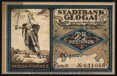 Notgeld Glogau /Schlesien, 25 Pfennig, Herzog Konrad II. und die Domkirche