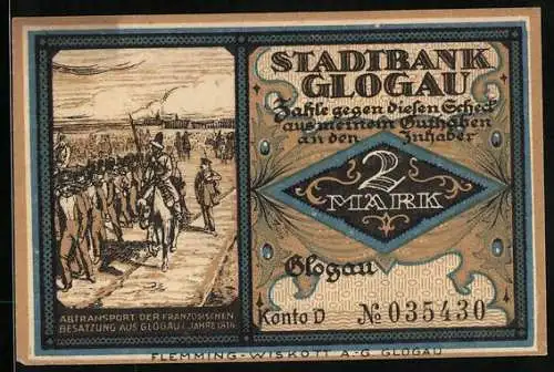 Notgeld Glogau /Schlesien, 2 Mark, Abtransport der Französischen Besatzung