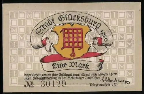 Notgeld Glücksburg 1920, 1 Mark, Schloss Glücksburg, erbaut von Johann dem Jüngeren