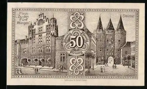 Notgeld Goch 1921, 50 Pfennig, Steintor und Haus Zu den Fünf Ringen