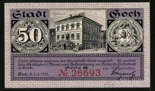 Notgeld Goch 1921, 50 Pfennig, Steintor und Haus Zu den Fünf Ringen