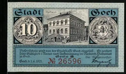 Notgeld Goch 1921, 10 Pfennig, Haus Zu den Fünf Ringen und Steintor
