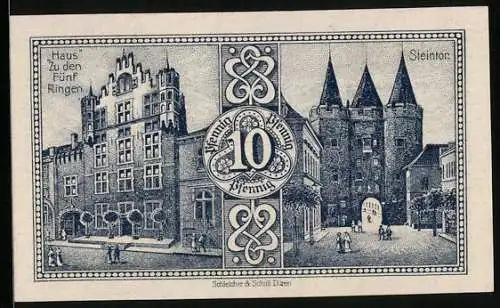 Notgeld Goch 1921, 10 Pfennig, Rathaus, Steintor und Haus Zu den Fünf Ringen