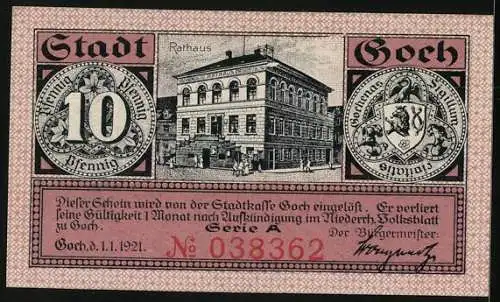 Notgeld Goch 1921, 10 Pfennig, Rathaus, Steintor und Haus Zu den Fünf Ringen