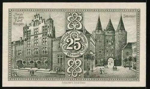 Notgeld Goch 1921, 25 Pfennig, Steintor und Haus Zu den Fünf Ringen, Rathaus