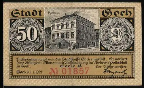 Notgeld Goch 1921, 50 Pfennig, Rathaus, Steintor und Haus Zu den Fünf Ringen