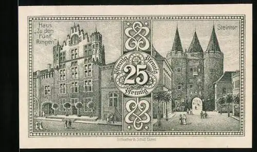 Notgeld Goch 1921, 25 Pfennig, Steintor und Haus Zu den Fünf Ringen, Rathaus