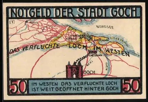 Notgeld Goch 1922, 50 Pfennig, Steintor und Karte der Umgebung