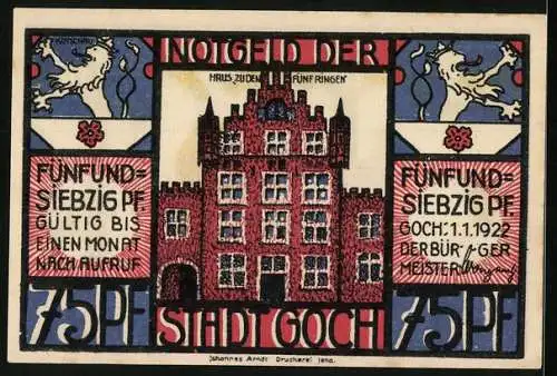 Notgeld Goch 1922, 75 Pfennig, Haus Zu den Fünf Ringen