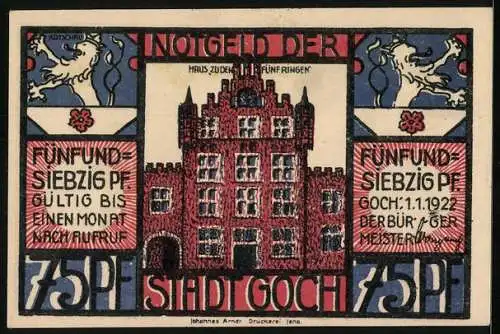 Notgeld Goch 1922, 75 Pfennig, Ja, leicht it`s schmuggeln doch nicht mehr, Haus zu den Fünf Ringen