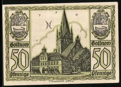 Notgeld Gollnow 1921, 50 Pfennig, Kirche und Werkzeuge
