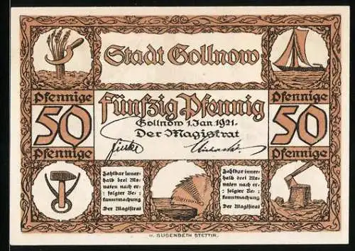 Notgeld Gollnow 1921, 50 Pfennig, Kirche und Werkzeuge