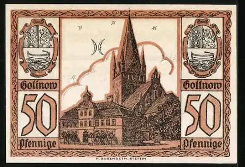 Notgeld Gollnow 1921, 50 Pfennig, Kirche und Werkzeuge