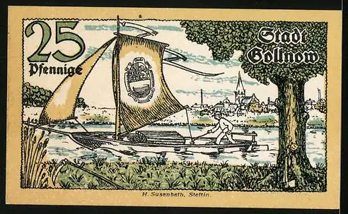 Notgeld Gollnow 1921, 25 Pfennig, Segelboot auf dem Fluss