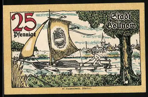 Notgeld Gollnow 1921, 25 Pfennig, Segelboot auf dem Fluss