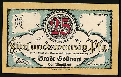 Notgeld Gollnow 1921, 25 Pfennig, Segelboot auf dem Fluss