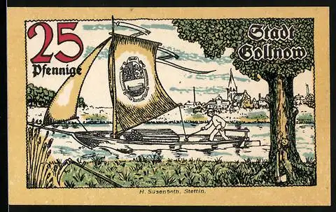 Notgeld Gollnow 1921, 25 Pfennig, Segelboot auf dem Fluss