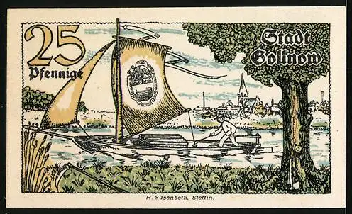 Notgeld Gollnow 1921, 25 Pfennig, Segelboot auf dem Fluss