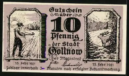 Notgeld Gollnow 1921, 10 Pfennig, Bauer, Hirsch und Kirche