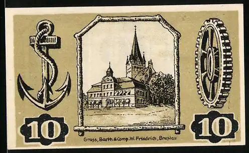 Notgeld Gollnow 1921, 10 Pfennig, Kirche, Bauer und Hirsch im Wald