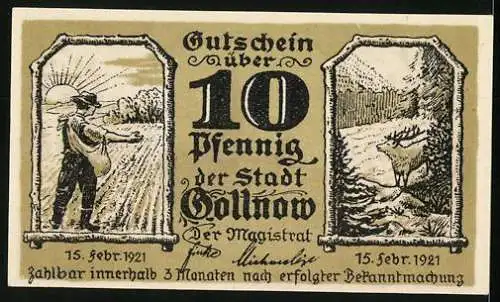 Notgeld Gollnow 1921, 10 Pfennig, Kirche, Bauer und Hirsch im Wald