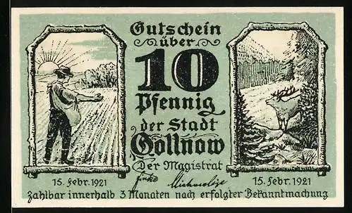 Notgeld Gollnow 1921, 10 Pfennig, Kirche, Bauer und Hirsch im Wald
