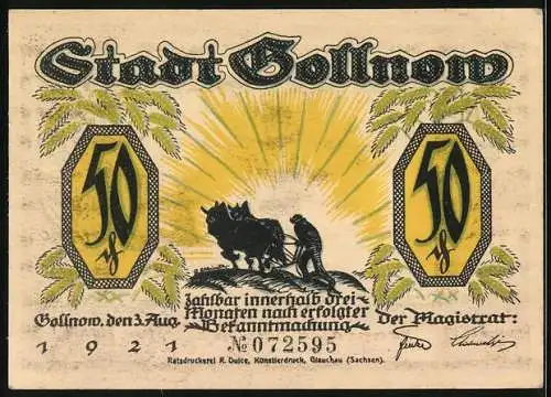 Notgeld Gollnow 1921, 50 Pfennig, Ein Husar auf Posten