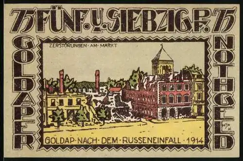 Notgeld Goldap /Ostpr. 1921, 75 Pfennig, Zerstörungen am Markt