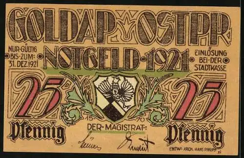 Notgeld Goldap /Ostpr. 1921, 25 Pfennig, Altstadt im Schnee