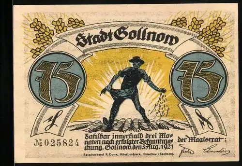 Notgeld Gollnow 1921, 75 Pfennig, Um jene Hügel die Sage ihre Zauber spinnt