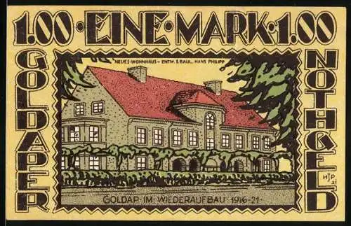 Notgeld Goldap /Ostpr. 1921, 100 Pfennig, Neues Wohnhaus nach Wiederaufbau 1916-21