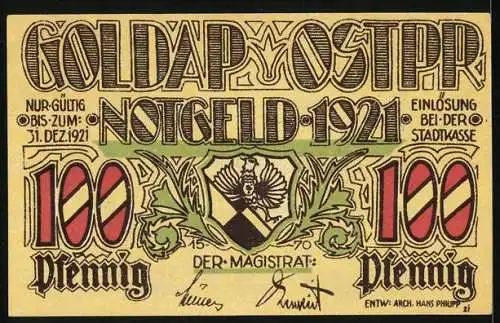 Notgeld Goldap /Ostpr. 1921, 100 Pfennig, Neues Wohnhaus nach Wiederaufbau 1916-21