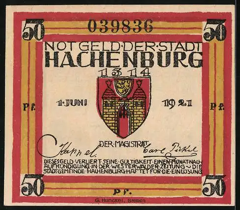 Notgeld Hachenburg 1921, 50 Pfennig, Wappen und Stadtansicht