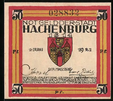 Notgeld Hachenburg 1921, 50 Pfennig, Wappen und Stadtansicht