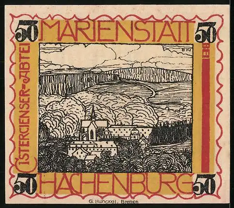 Notgeld Hachenburg 1921, 50 Pfennig, Wappen und Stadtansicht