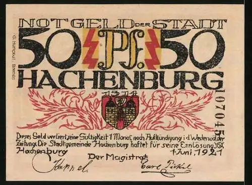 Notgeld Hachenburg 1921, 50 Pfennig, Stadtansicht aus der Ferne