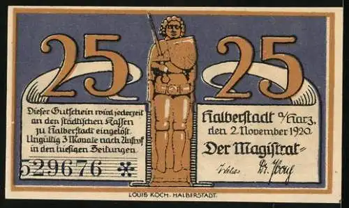 Notgeld Halberstadt a. H. 1920, 25 Pfennig, Marktplatz und Ritterstatue