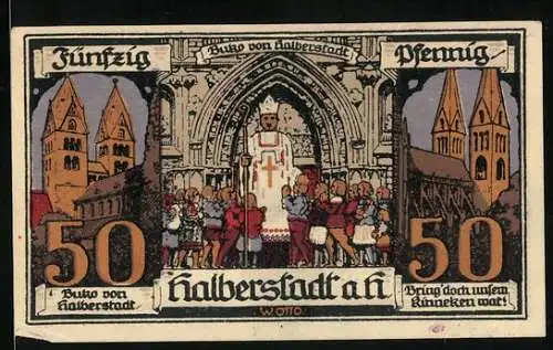 Notgeld Halberstadt a. H. 1920, 50 Pfennig, Buko von Halberstadt und Ritterstatue