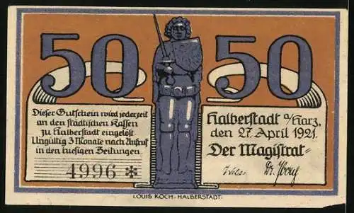 Notgeld Halberstadt a. H. 1920, 50 Pfennig, Buko von Halberstadt und Ritterstatue