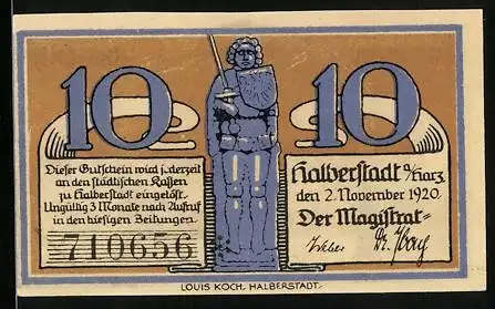 Notgeld Halberstadt a. H. 1920, 10 Pfennig, Marktplatz und Ritterstatue