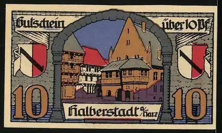 Notgeld Halberstadt a. H. 1920, 10 Pfennig, Marktplatz und Ritterstatue