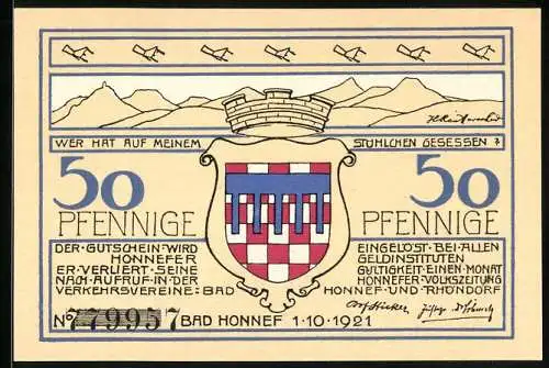 Notgeld Bad Honnef am Rhein 1921, 50 Pfennig, Ortsansicht mit Feldern
