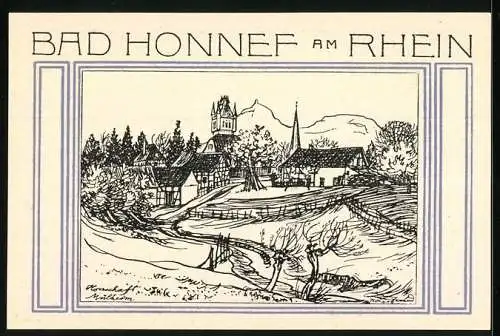 Notgeld Bad Honnef am Rhein 1921, 50 Pfennig, Ortsansicht mit Feldern