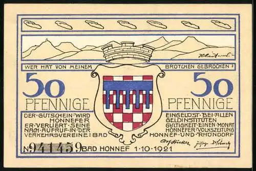 Notgeld Bad Honnef am Rhein 1921, 50 Pfennig, Ortsansicht mit Umgebung