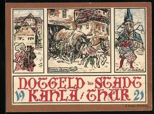 Notgeld Kahla /Thür. 1921, 50 Pfennig, Wappen, Altes oberes Tor, Trommler, Bürgerpaar