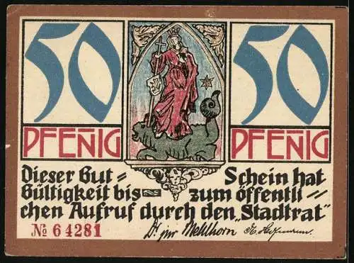 Notgeld Kahla /Thür. 1921, 50 Pfennig, Wappen, Altes oberes Tor, Trommler, Bürgerpaar