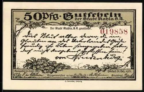 Notgeld Kahla /S. A. 1921, 50 Pfennig, Wappen, Leuchtenburg von oben, Eichenlaub
