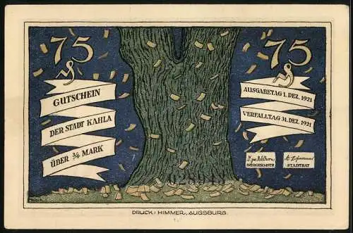 Notgeld Kahla 1921, 75 Pfennig, Der Deutsche Merkur, Eichenstamm mit flatternden Geldscheinen