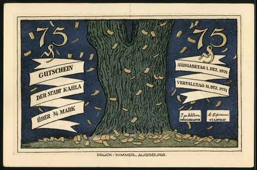 Notgeld Kahla 1921, 75 Pfennig, Starkbier macht Einigkeit, Eichenstamm mit flatternden Geldscheinen