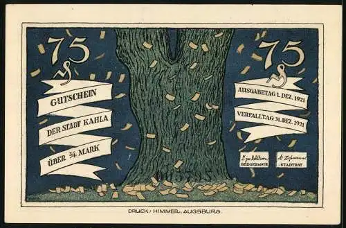 Notgeld Kahla 1921, 75 Pfennig, Einigkeit macht stark, Eichenstamm mit flatternden Geldscheinen